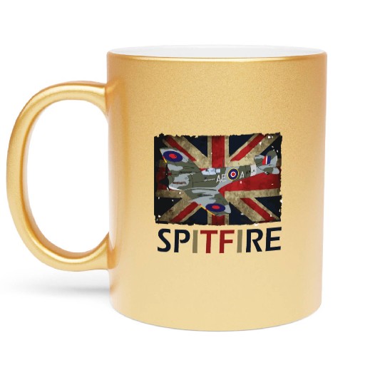 Spitfire WW2 Fighter Aircraft Airplane Union Jack Metallic Mugs