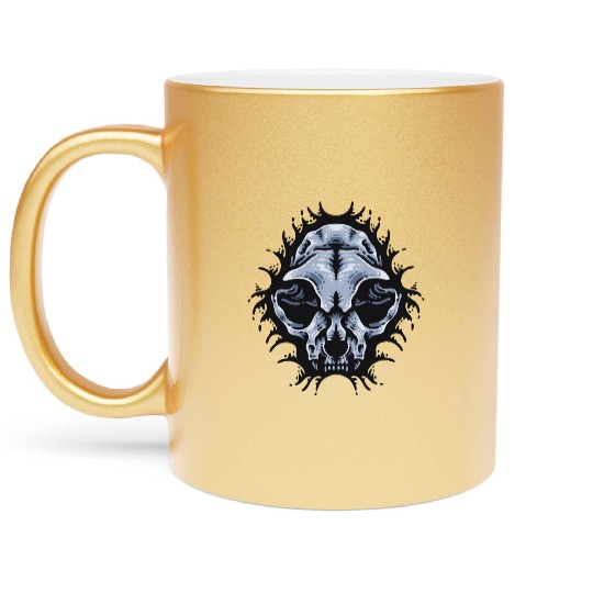 Cat Skull Bursting out gray scale oddities Metallic Mugs