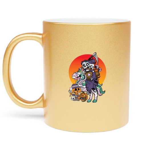 Unicorn Halloween Pumpkin Grim Reaper Metallic Mugs