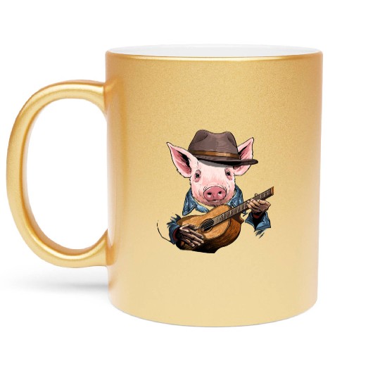 Acoustic Guitar Pig Guitar Player Farm Animal Metallic Mugs