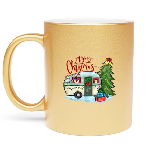 Merry Christmas Happy Camper Funny Camping Life Metallic Mugs
