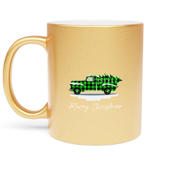 Truck Merry Christmas Buffalo Plaid Green Xmas Metallic Mugs