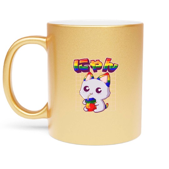 Gay Pride Kawaii Cat Strawberry Milk Rainbow Flag Metallic Mugs