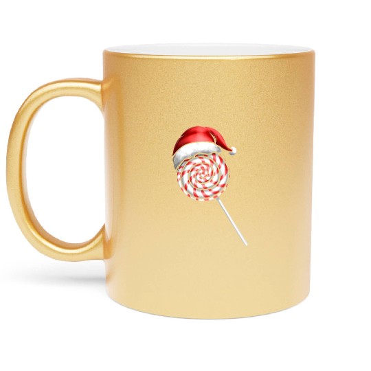 Candy Cane Lollipop Santas Hat Merry Christmas Metallic Mugs