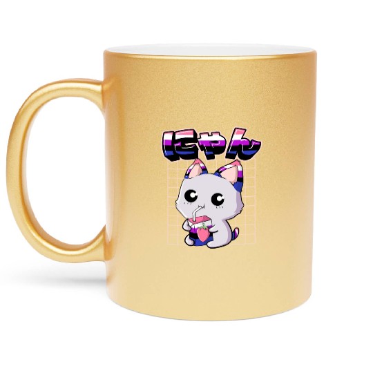 Genderfluid Pride Kawaii Cat Strawberry Milk Metallic Mugs