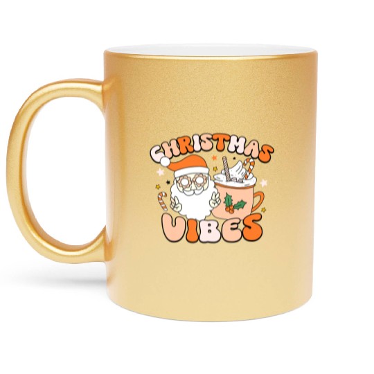 Retro Groovy Christmas Vibes Cute Santa Claus Xmas Metallic Mugs