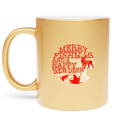 Christmas Metallic Mugs, Merry Fishmas And Happy New Deer