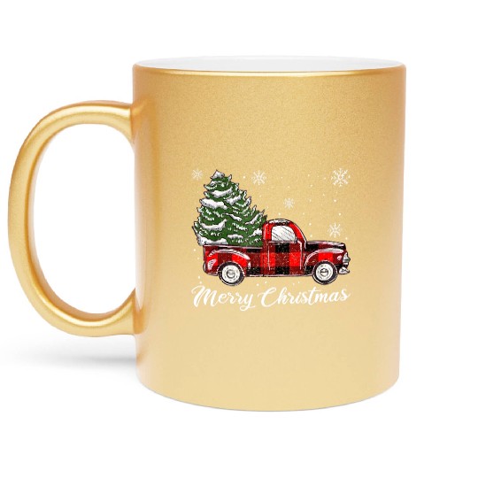 Xmas Tree Red Truck Pajama Buffalo Plaid Truck Metallic Mugs