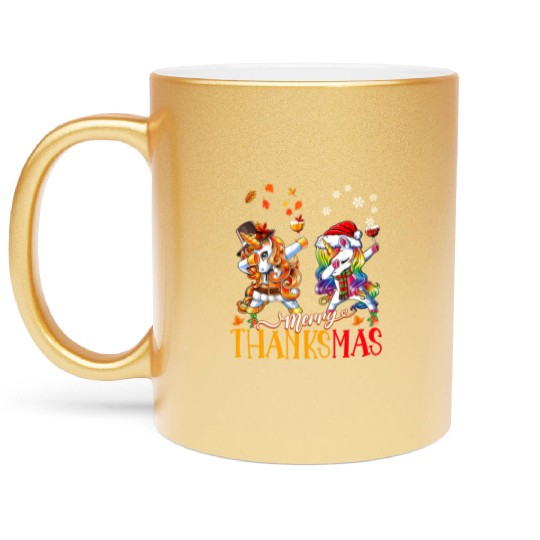 Merry Thanksmas funny unicorn Thanksgiving xmas Metallic Mugs