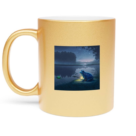 Blue Frog and Firefly on a pond at Night Metallic Mugs