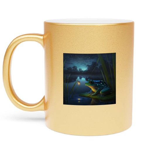 Frog and Firefly Friends on the Pond at Night Metallic Mugs