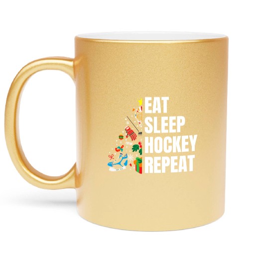 Eat Sleep hockey Repeat Christmas tree Metallic Mugs