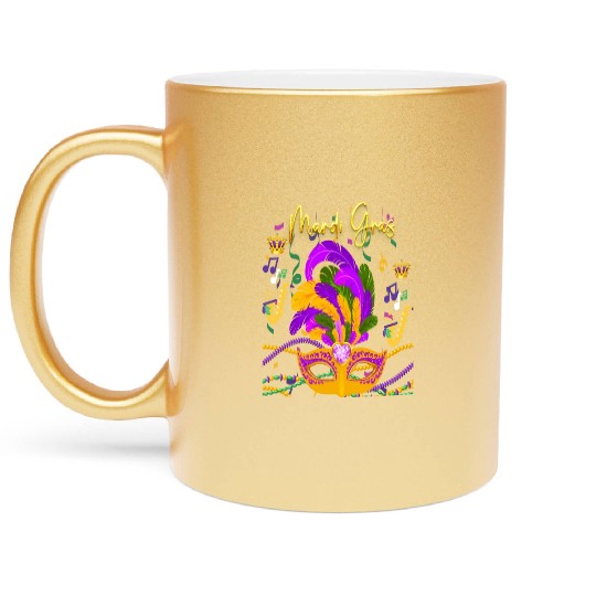 Mardi Gras Beads Mask Feathers Metallic Mugs