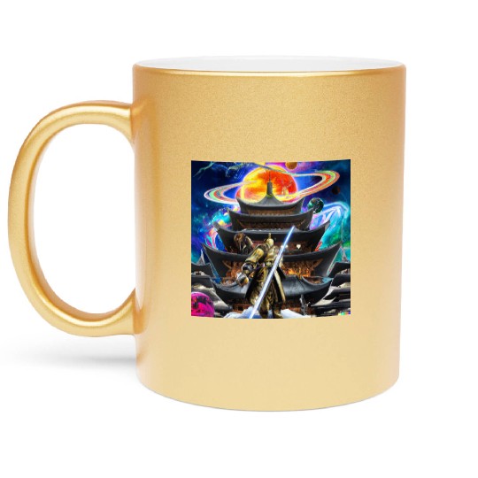 Painting of a warrior fighting in an alien world. Metallic Mugs