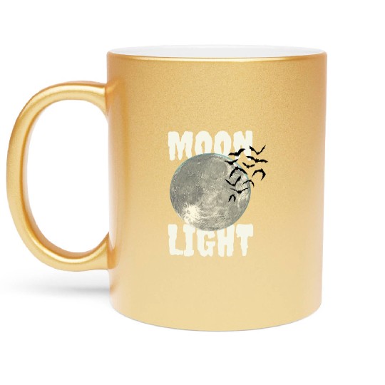 Dark Green Illustrated Moon Light Bat Metallic Mugs