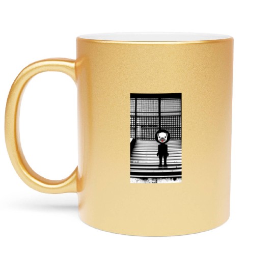 Cute Pug in Metallic Mugs Standing on the Steps - Street