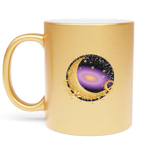 glowing violet galaxy with moon and stars Metallic Mugs