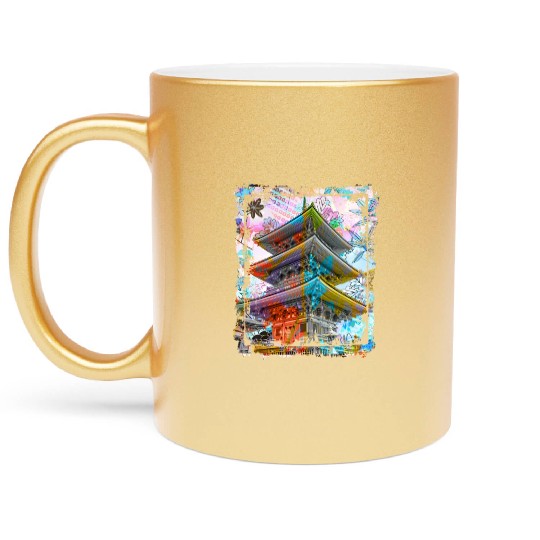 Japan Pagoda Cherry Blossoms Collage Art 70 Metallic Mugs