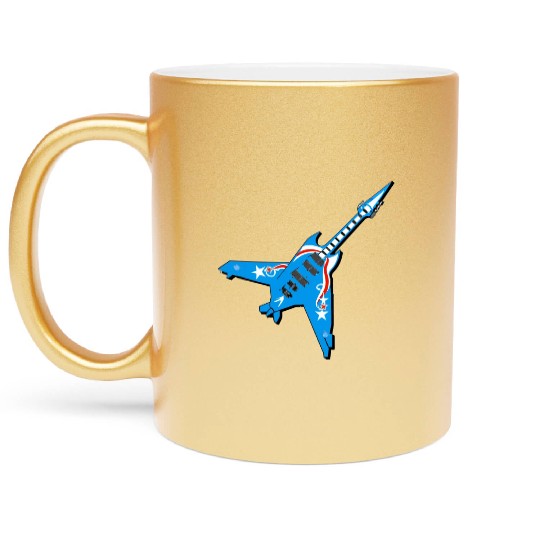 An airplane shaped like an electric guitar. Metallic Mugs