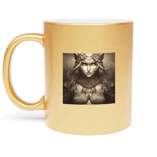 Warrior princess wearing gothic plate dark fantasy Metallic Mugs