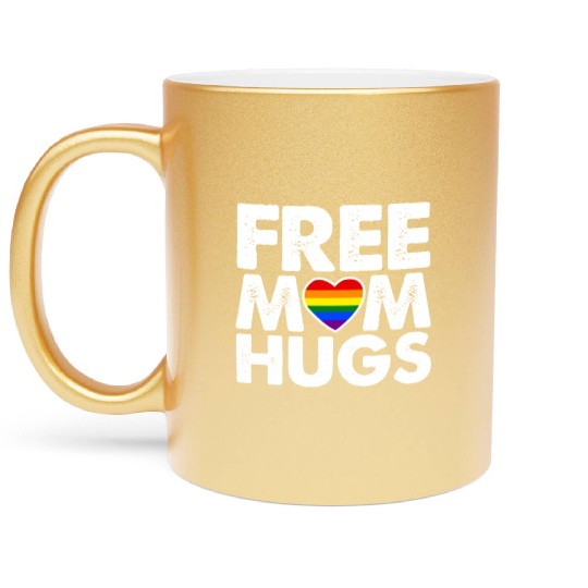 Free Mom Hugs, LGBT Rainbow Heart Metallic Mugs