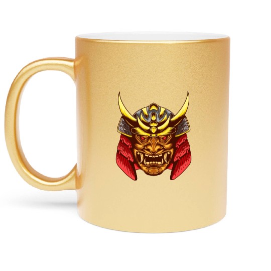 Japanese samurai warrior devil yellow and red mask Metallic Mugs
