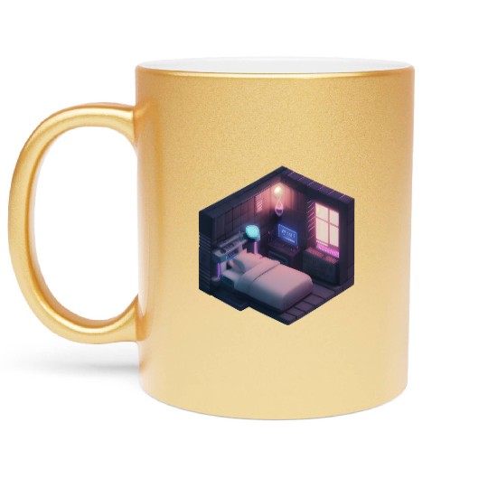 Isometric Voxel Bedroom - Synthwave Future Room Metallic Mugs