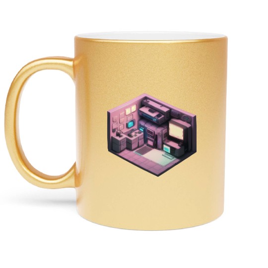 Synthwave Isometric Voxel Bedroom - Future Room Metallic Mugs
