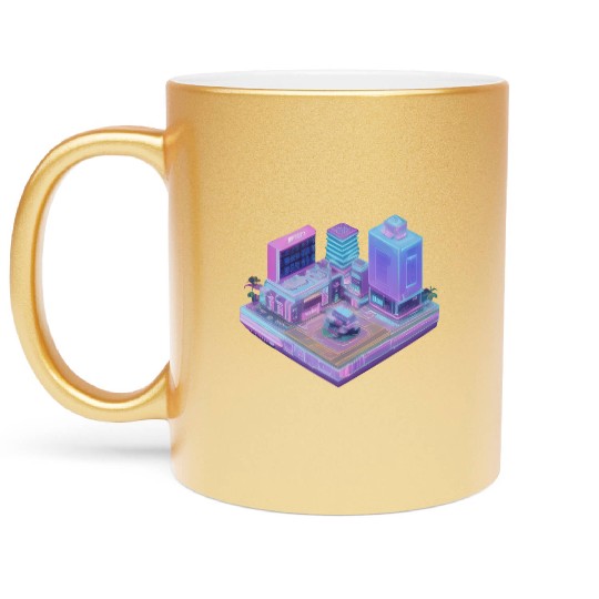 Future Cityscape - 3D Isometric Vaporwave Metallic Mugs