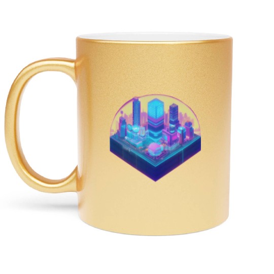 Small City Block - Isometric Style - Retro Sunset Metallic Mugs