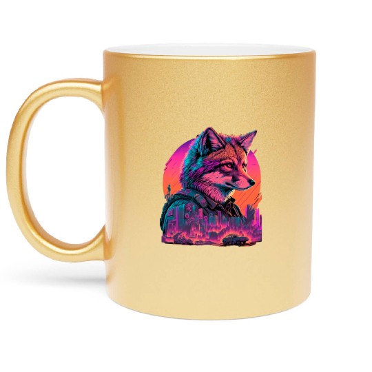 Retro Futuristic Synthwave Fox Metallic Mugs