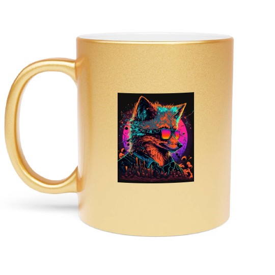 Retro Futuristic Synthwave Fox Metallic Mugs