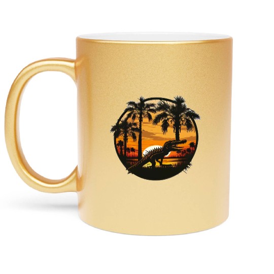 Florida Everglades Sunset Alligator and Palm Tree Metallic Mugs