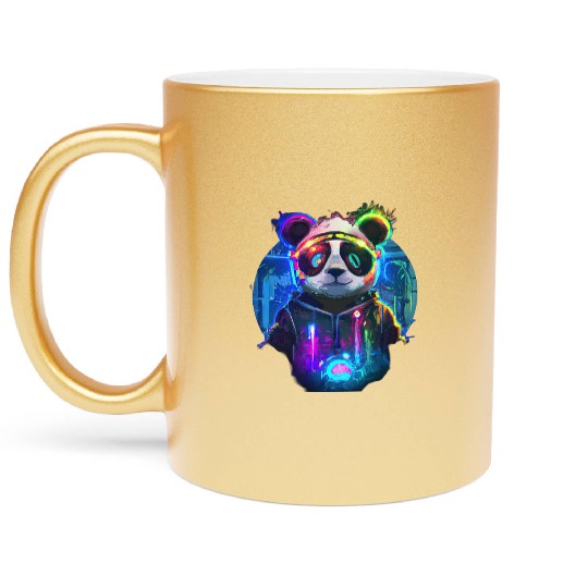 Futuristic Frenzy: Neon Panda Pop Art | light Metallic Mugs
