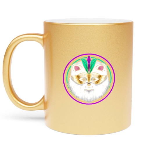 Pomeranian Or Samoyed Dog With Mask For Mardi Gras Metallic Mugs