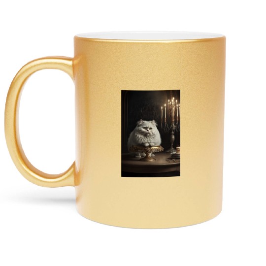 A white cat sitting on top of a table to cake Metallic Mugs