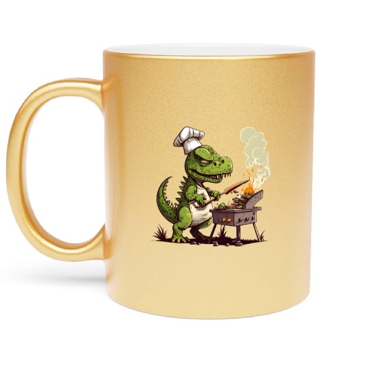 Baby Dinosaur Using A Charcoal Grill Cooking Meat Metallic Mugs