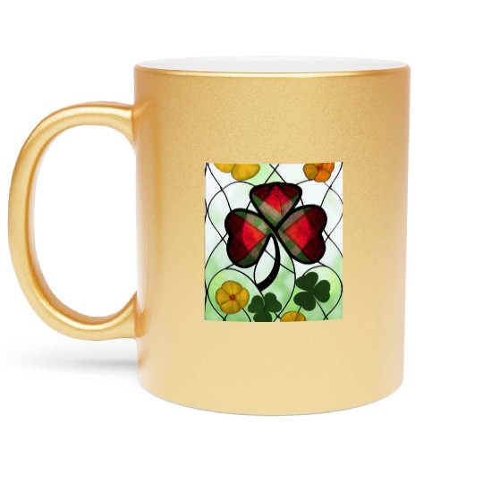 Red plaid Shamrock with Yellow Poppies (AI Art) Metallic Mugs