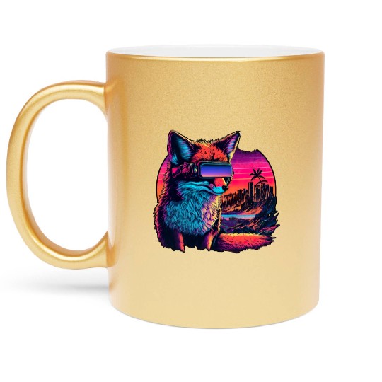 Retro Futuristic Synthwave Fox Metallic Mugs