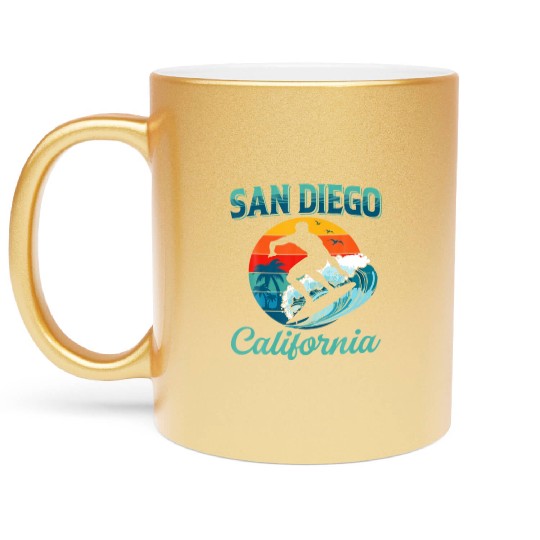 San Diego California Vintage Retro Surfer Beach Metallic Mugs