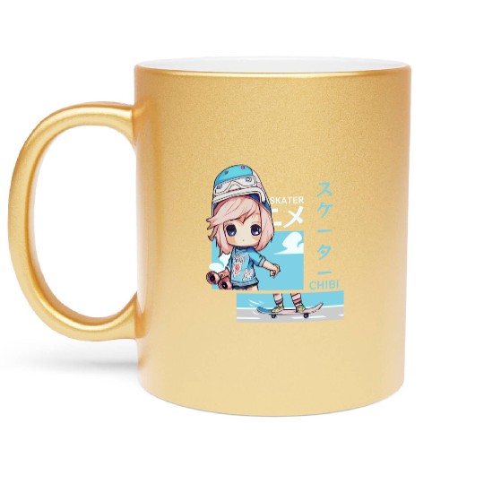 Kawaii Chibi Skater Skateboard Japanese Aesthetic Metallic Mugs