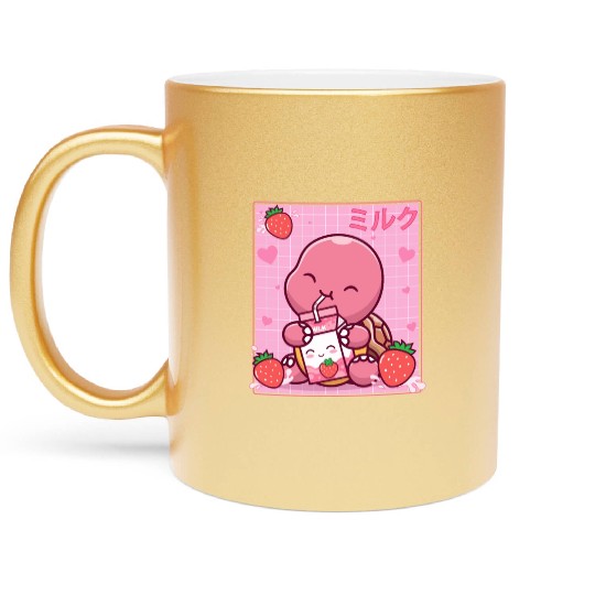 Kawaii Turtle Lover Strawberry Milk Shake Otaku Metallic Mugs