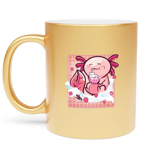 Kawaii Axolotl Strawberry Milk Shake Funny Sushi Metallic Mugs