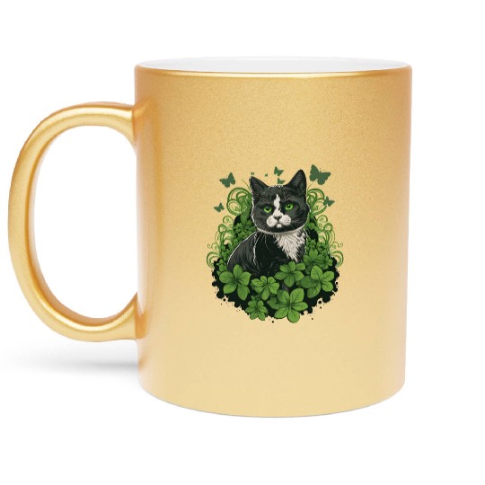 Black and white cat with ivy and butterflies Metallic Mugs