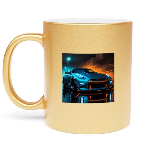 neon blue car design Metallic Mugs