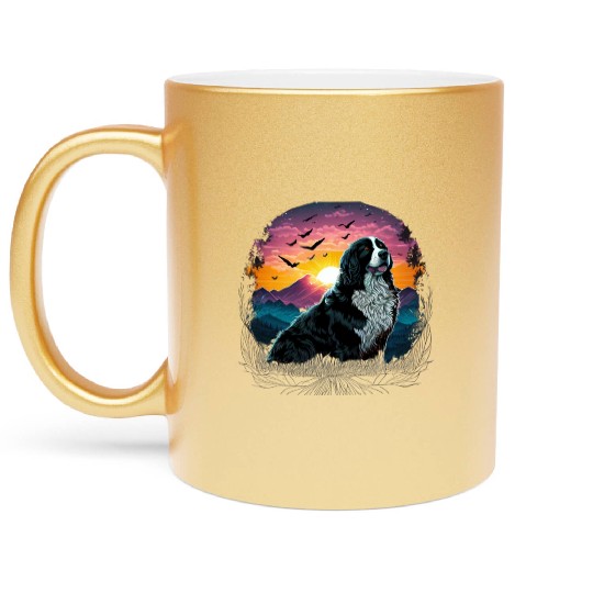 Bernese Mountain Dog with Mountain Sunrise view Metallic Mugs