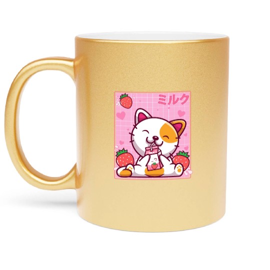 Kawaii Kitten Cute Cat Strawberry Milk Shake Metallic Mugs