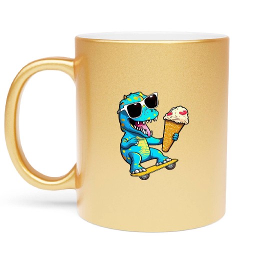Cute Dinosaur skating skateboard eating ice cream Metallic Mugs