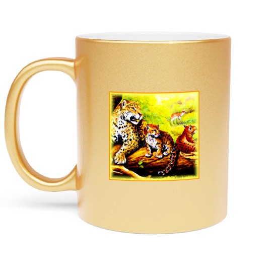 Jaguar Mom and Cubs Relaxing in Jungle. Buy Now Metallic Mugs