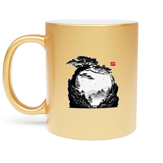 Japanese Zen Circle Landscape Buddhism Bonsai Tree Metallic Mugs